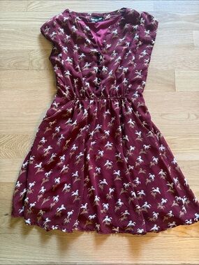 Equestrian Print Burgundy Button-Front Dress